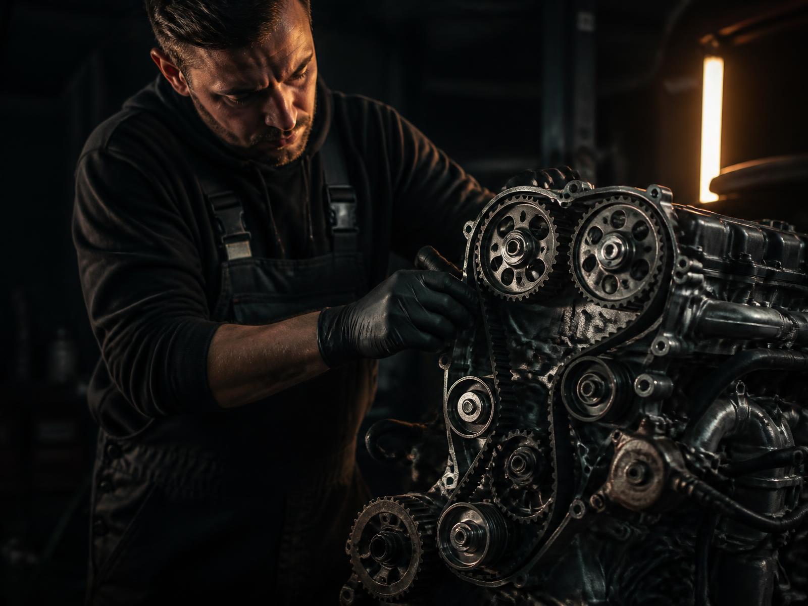 Mechanic at Grace Car Services fitting a cambelt to an engine